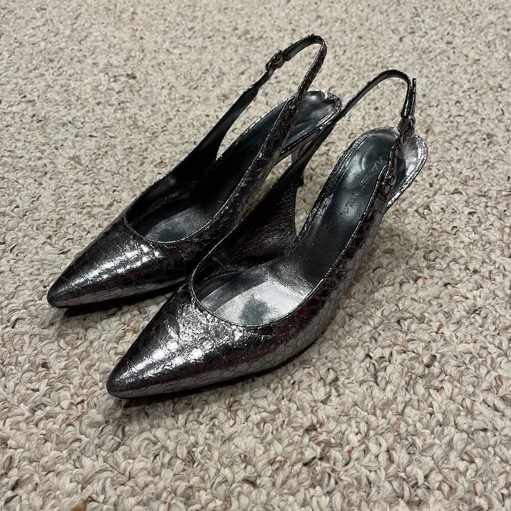 Via Spiga Metallic Silver Slingback Heels Kitten Heels Sz 7.5 Snake Print Retro